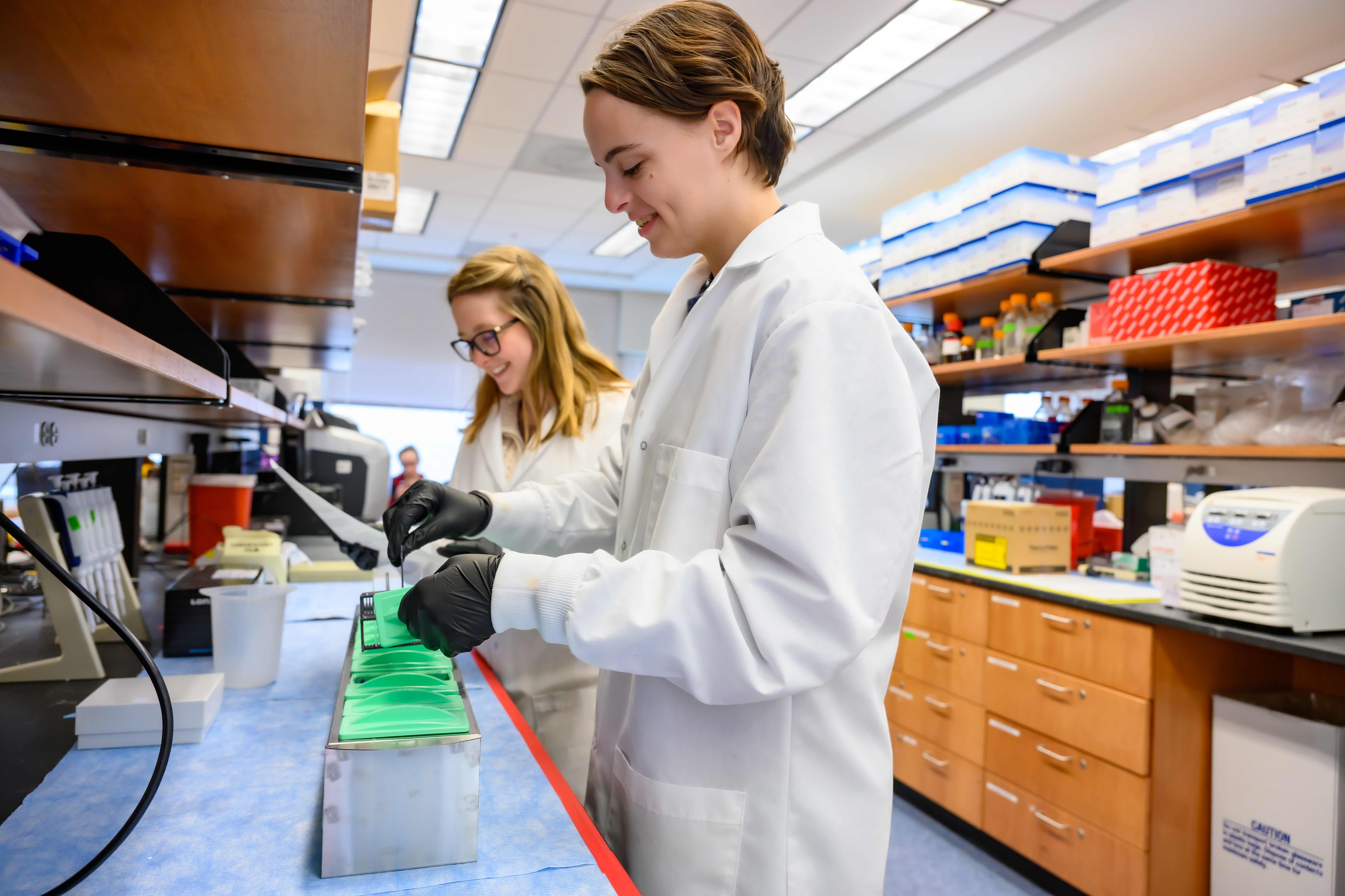 Jayla Boyd and Lillian Floyd conduct research in a WVU School of Medicine lab.